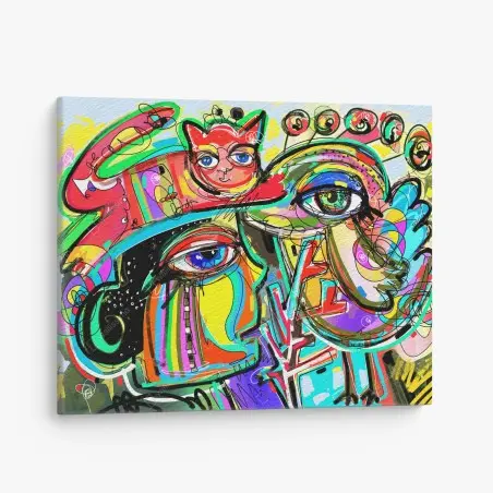 Cuadro en lienzo rostro colorido con gato rojo y pájaro – Pixers®