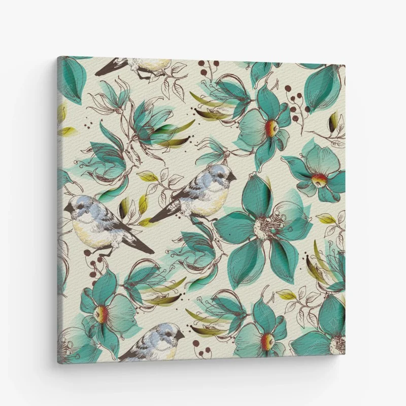 Cuadro en lienzo estampado retro de pájaros y flores turquesa