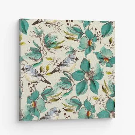 Cuadro en lienzo estampado retro de pájaros y flores turquesa – Pixers®