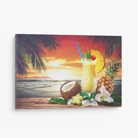 Cuadro en lienzo atardecer tropical con cóctel de piña y coco – Pixers®