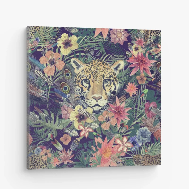 Cuadro en lienzo leopardo en selva acuarelada y flores exóticas
