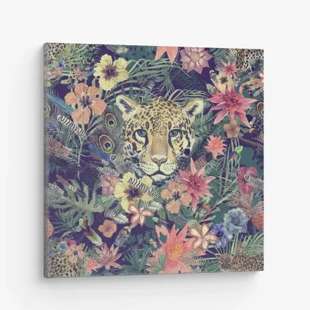 Cuadro en lienzo leopardo en selva acuarelada y flores exóticas – Pixers®