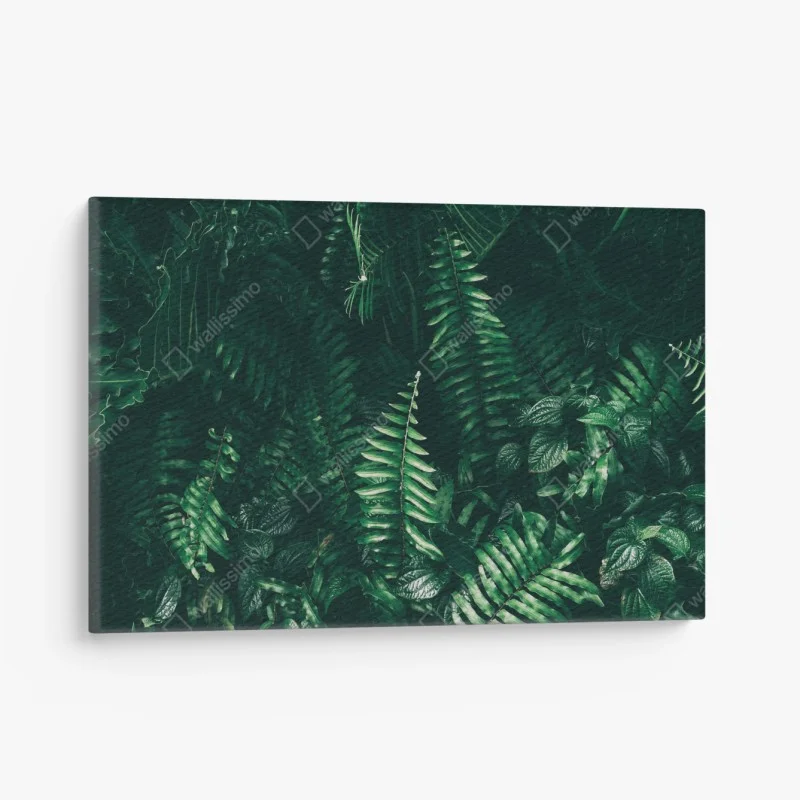 Cuadro en lienzo jardín vertical de hojas tropicales en tono oscuro