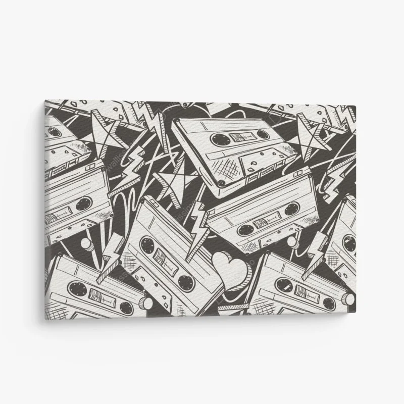 Cuadro en lienzo patrón retro de casetes y corazones