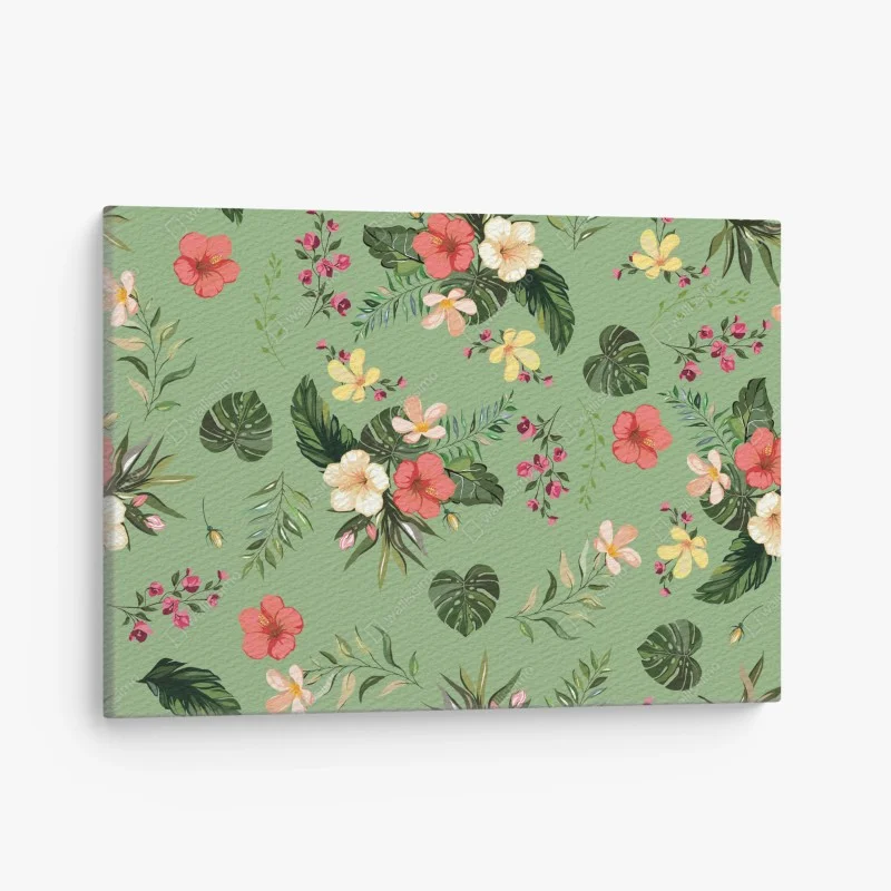 Cuadro en lienzo diseño tropical de flores y hojas sobre fondo verde
