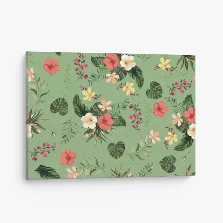 Cuadro en lienzo diseño tropical de flores y hojas sobre fondo verde – Pixers®