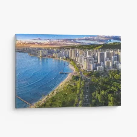 Cuadro en lienzo vista panorámica de Waikiki al atardecer – Pixers®