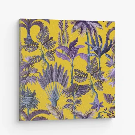 Cuadro en lienzo estampado tropical vintage en morado sobre fondo amarillo – Pixers®