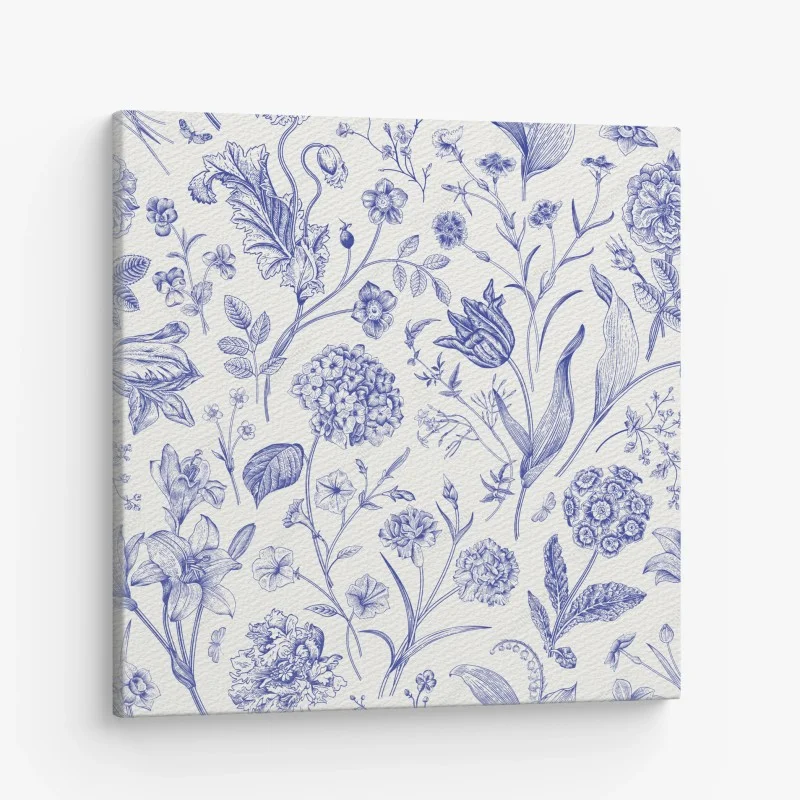 Cuadro en lienzo estampado floral clásico en azul y marfil