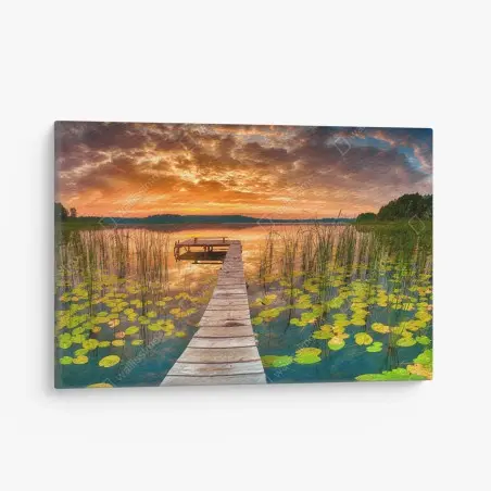 Cuadro en lienzo amanecer dorado en el muelle del lago – Pixers®