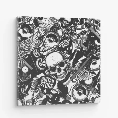 Cuadro en lienzo calavera rock y guitarras en diseño monocromo – Pixers®