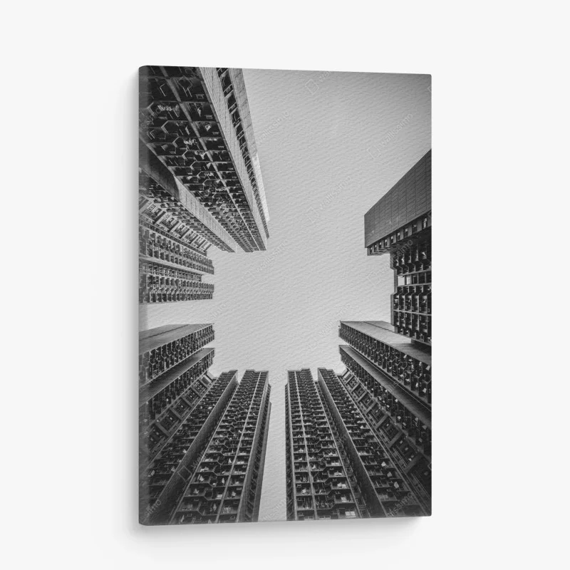 Cuadro en lienzo perspectiva simétrica entre rascacielos en blanco y negro