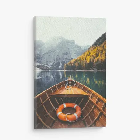 Cuadro en lienzo amanecer en Lago di Braies: bote de madera y montañas – Pixers®
