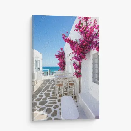 Cuadro en lienzo rincón Mediterráneo con buganvillas junto al mar – Pixers®