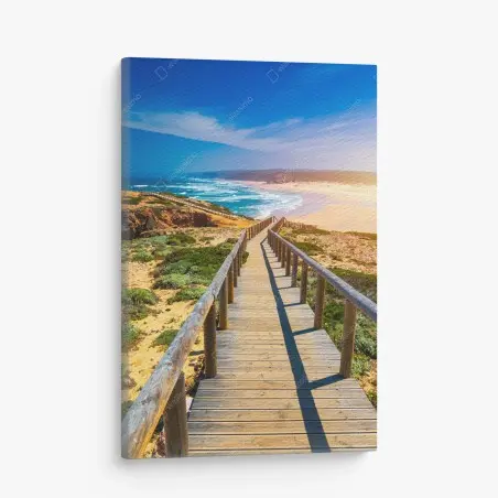 Cuadro en lienzo amanecer en Praia da Bordeira: pasarela hacia el mar – Pixers®