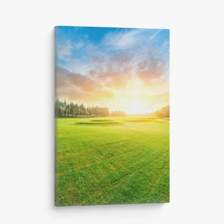 Cuadro en lienzo puesta de sol sobre campo verde y bosque – Pixers®