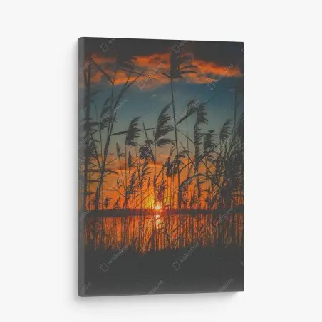 Cuadro en lienzo atardecer entre juncos en el lago – Pixers®