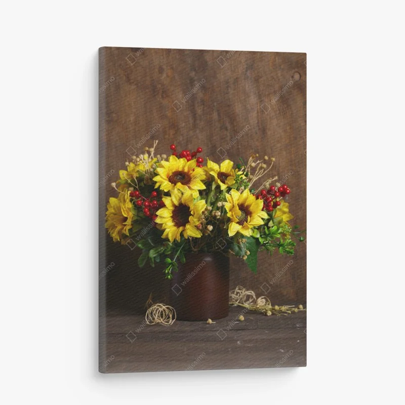 Cuadro en lienzo ramo otoñal de girasoles sobre fondo de madera