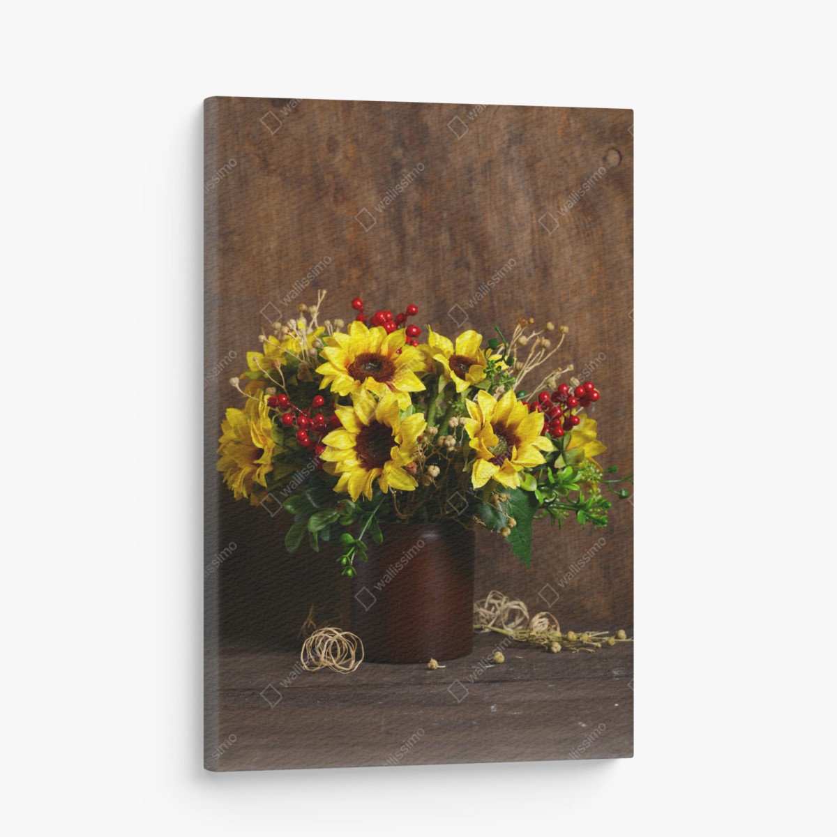Cuadro en lienzo ramo otoñal de girasoles sobre fondo de madera – Pixers®