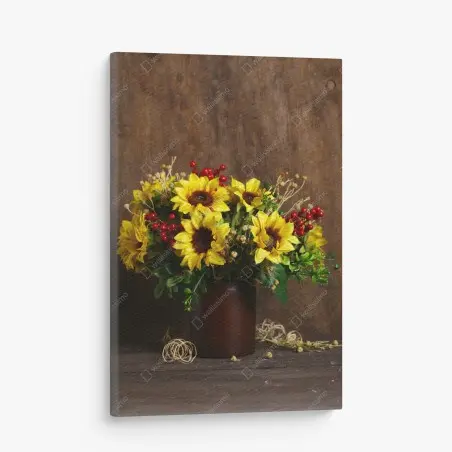 Cuadro en lienzo ramo otoñal de girasoles sobre fondo de madera – Pixers®