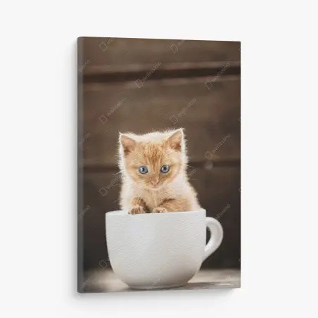 Cuadro en lienzo gatito pelirrojo en taza sobre fondo rústico – Pixers®