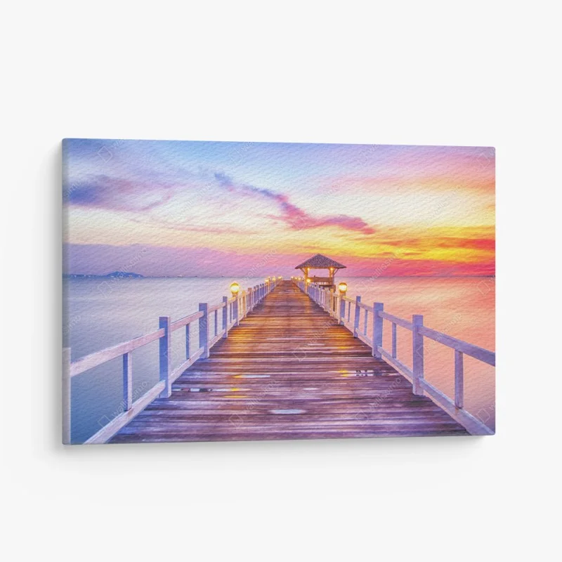 Cuadro en lienzo muelle al atardecer con cielo colorido