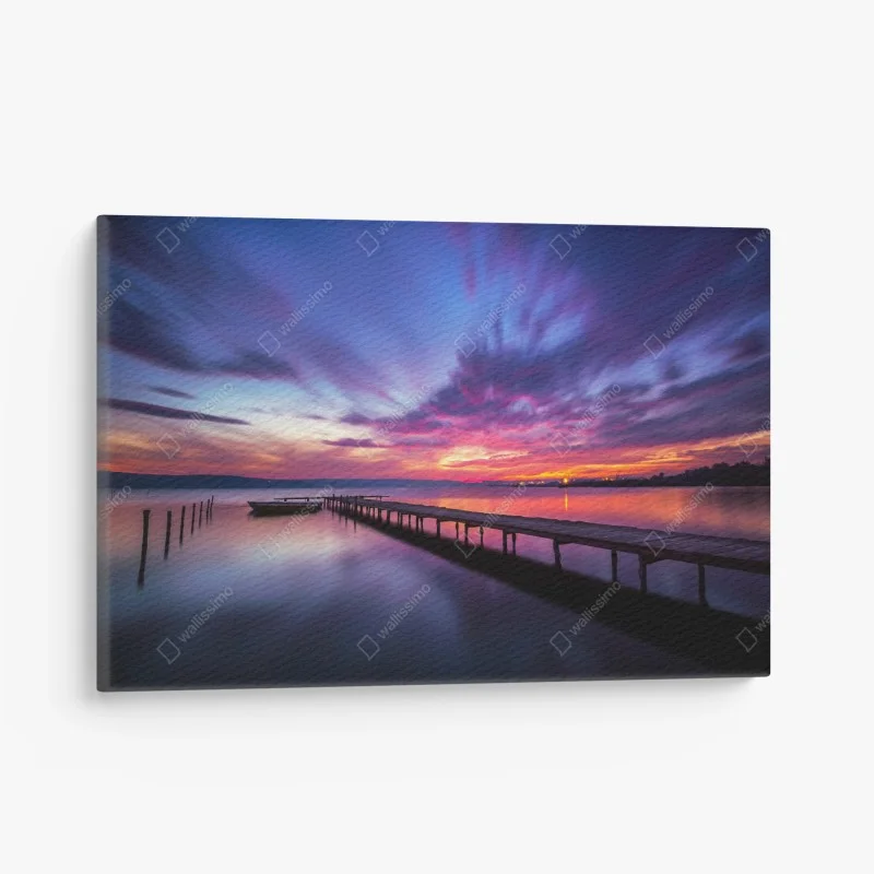 Cuadro en lienzo muelle al atardecer en tonos púrpura y naranja