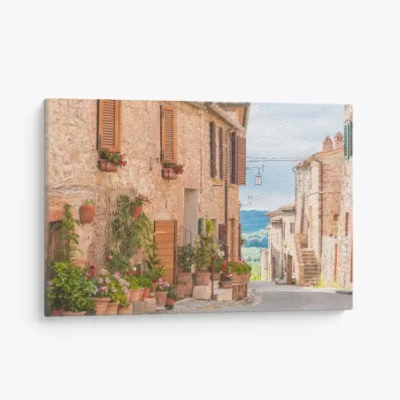 Cuadro en lienzo calle medieval en Toscana con macetas y flores – Pixers®