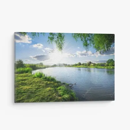 Cuadro en lienzo paisaje ribereño sereno con sol radiante – Pixers®