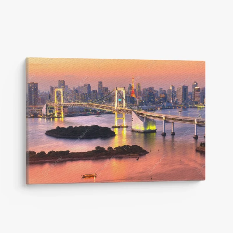 Cuadro en lienzo paisaje urbano de Tokio al atardecer con puente iluminado