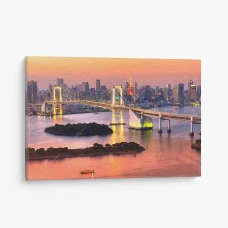 Cuadro en lienzo paisaje urbano de Tokio al atardecer con puente iluminado – Pixers®