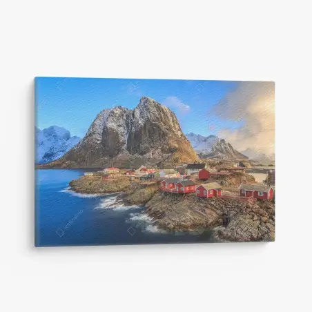 Cuadro en lienzo pueblo costero en Noruega entre montañas nevadas – Pixers®