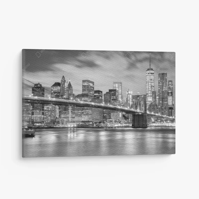 Cuadro en lienzo Manhattan nocturna en blanco y negro: puente y rascacielos