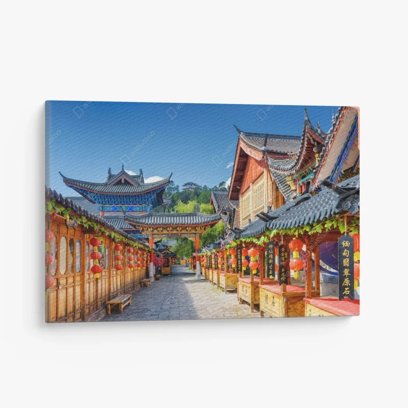 Cuadro en lienzo calle tradicional de Lijiang, China bajo linternas rojas