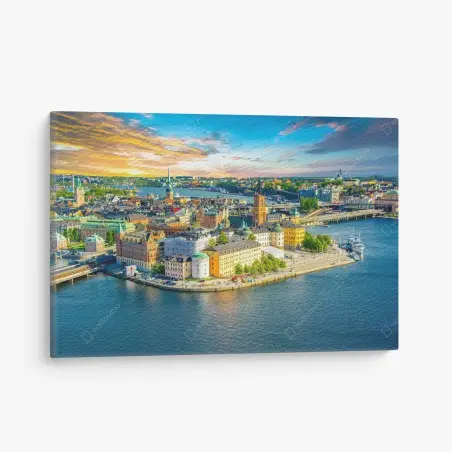 Cuadro en lienzo panorámica costera de Estocolmo al atardecer – Pixers®