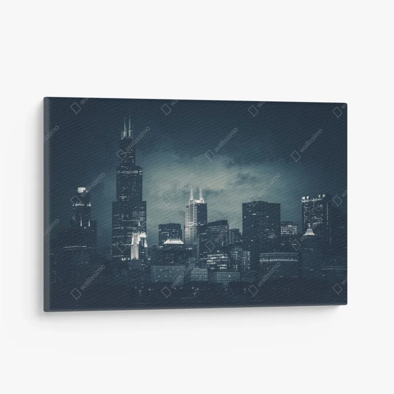 Cuadro en lienzo panorámica nocturna de Chicago en azul oscuro