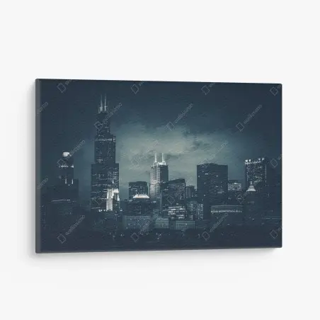 Cuadro en lienzo panorámica nocturna de Chicago en azul oscuro – Pixers®