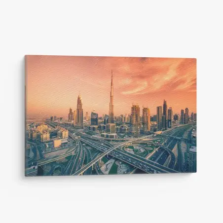 Cuadro en lienzo horizonte de Dubai al atardecer – Pixers®