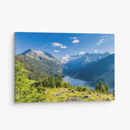 Cuadro en lienzo panorámica alpina de valle, lago y pinos – Pixers®