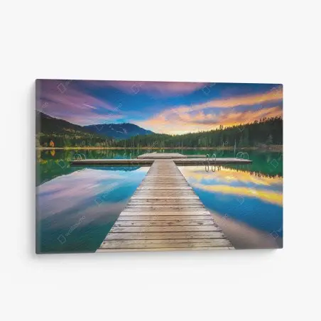 Cuadro en lienzo muelle sobre lago montañoso al atardecer – Pixers®