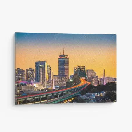 Cuadro en lienzo puesta de sol sobre el puente Tobin y el skyline de Boston – Pixers®
