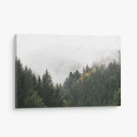 Cuadro en lienzo montañas y abetos envueltos en niebla – Pixers®