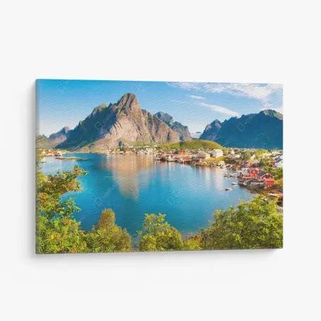 Cuadro en lienzo vistas de fiordo y pueblo costero en Noruega – Pixers®