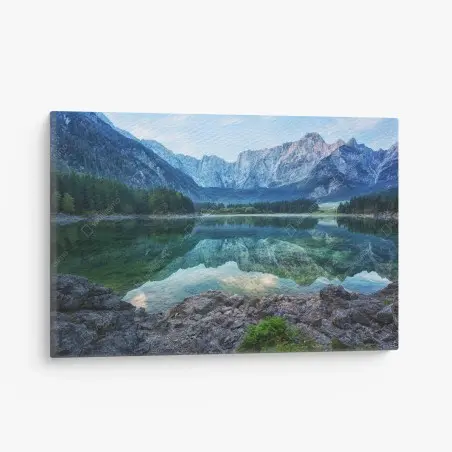 Cuadro en lienzo amanecer sereno en el Lago Fusine, Alpes Julianos – Pixers®