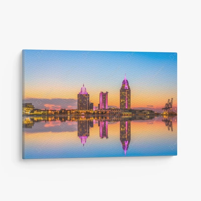Cuadro en lienzo amanecer en Mobile: horizonte urbano reflejado