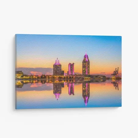 Cuadro en lienzo amanecer en Mobile: horizonte urbano reflejado – Pixers®