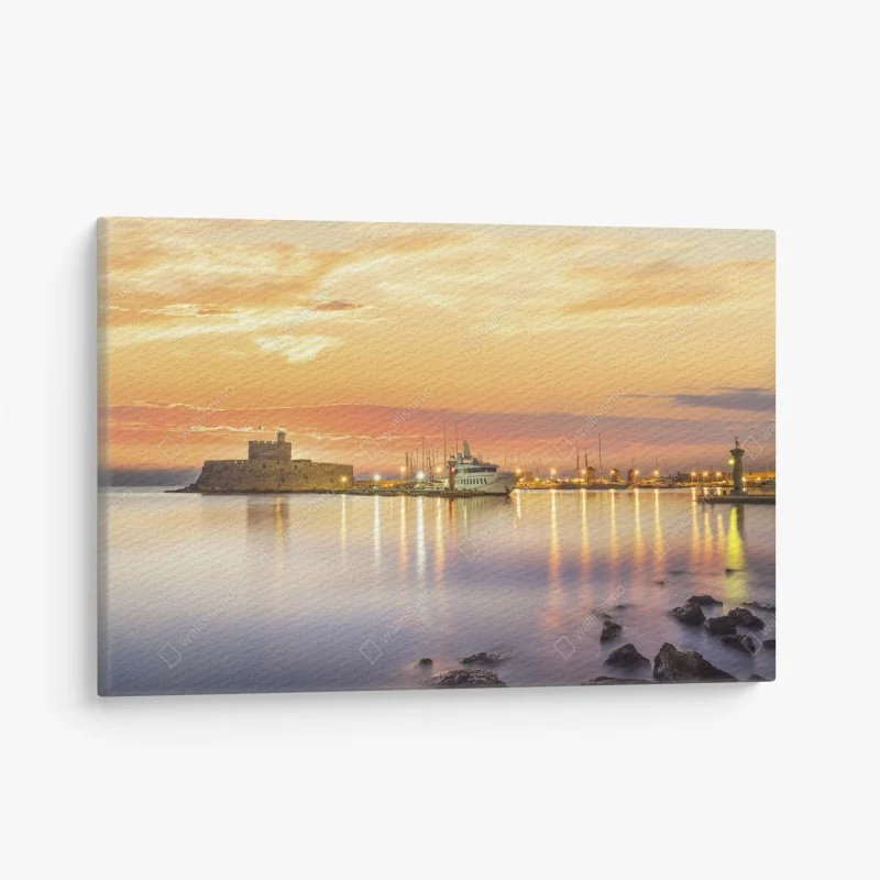 Cuadro en lienzo amanecer dorado en la fortaleza Agios Nikolaos de Mandraki, Rodas