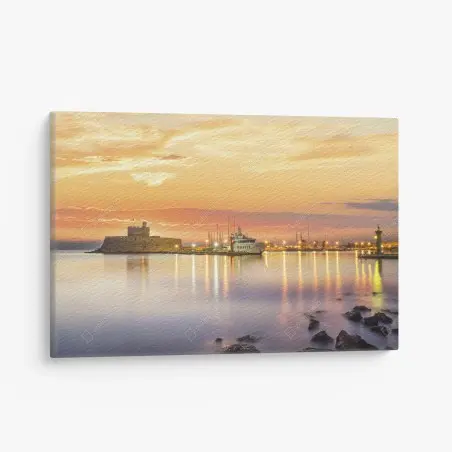 Cuadro en lienzo amanecer dorado en la fortaleza Agios Nikolaos de Mandraki, Rodas – Pixers®