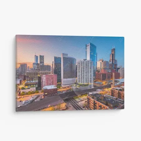 Cuadro en lienzo atardecer sobre el skyline de Chicago – Pixers®