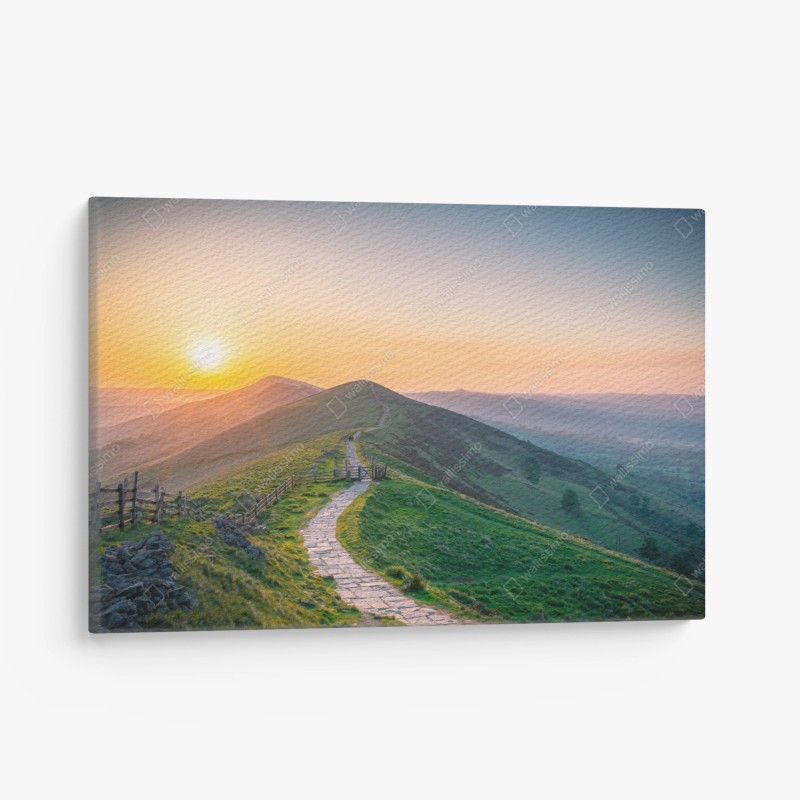 Cuadro en lienzo amanecer sobre colinas y sendero de piedra